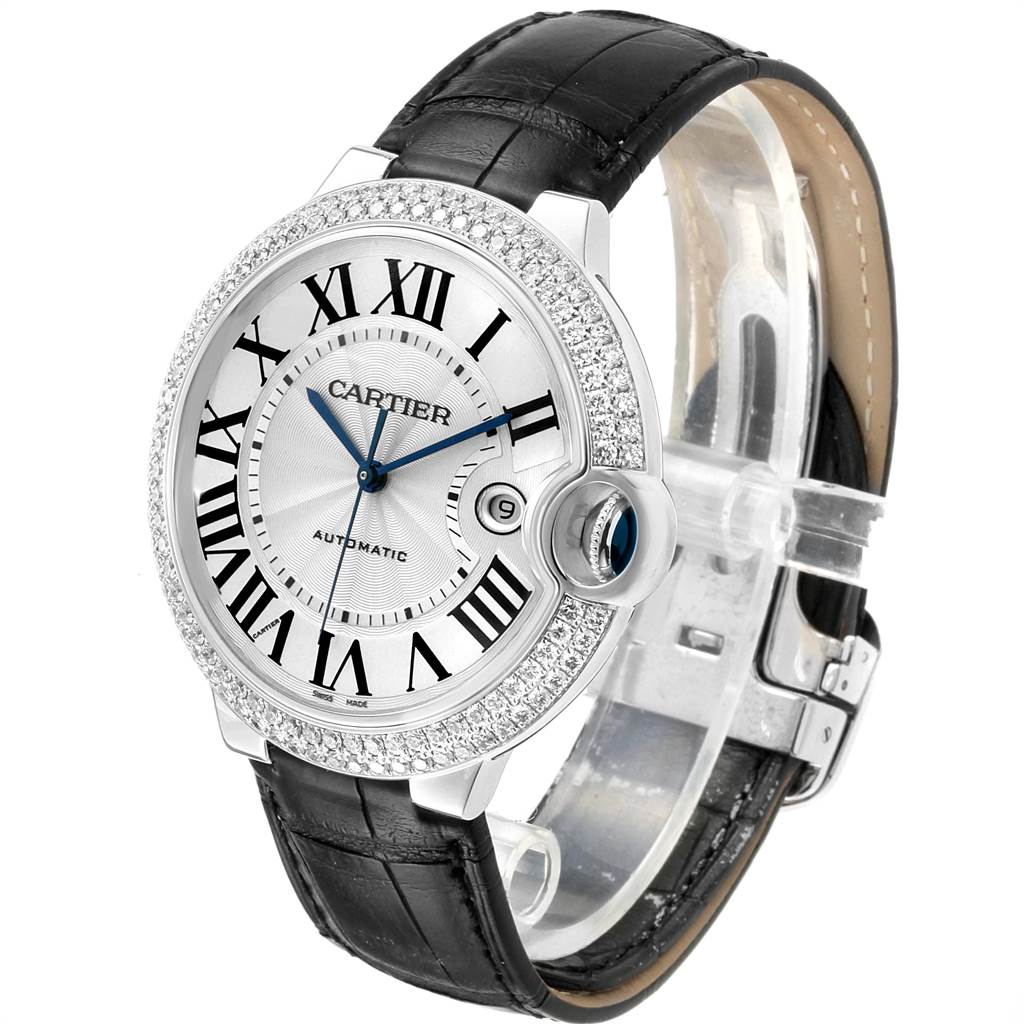 This Cartier Ballon Bleu WJBB0032 Women
s White Gold Silver Dial WJBB0032 Women
s White Gold Silver Dial watch is shown from a front angle, displaying the face, bezel, and leather strap.