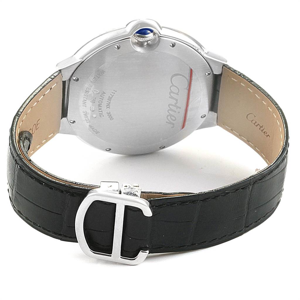 The image shows the back case and leather strap of a Cartier Ballon Bleu WJBB0032 Women
s White Gold Silver Dial WJBB0032 Women
s White Gold Silver Dial watch.