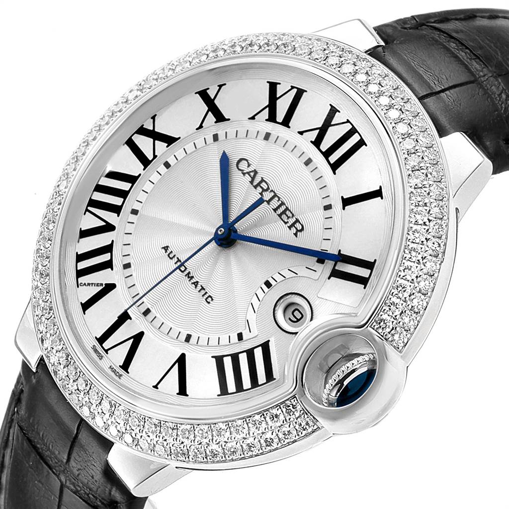 The image shows a close-up, angled view of the Cartier Ballon Bleu WJBB0032 Women
s White Gold Silver Dial WJBB0032 Women
s White Gold Silver Dial watch, highlighting its dial, diamond bezel, and strap.