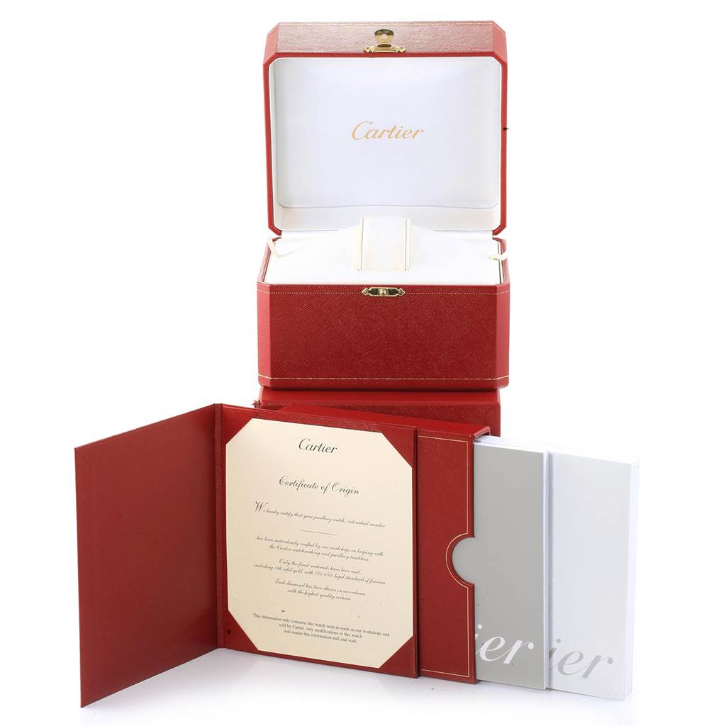 The image shows an open red box and Certificate of Origin for a Cartier Ballon Bleu WJBB0032 Women
s White Gold Silver Dial WJBB0032 Women
s White Gold Silver Dial watch.