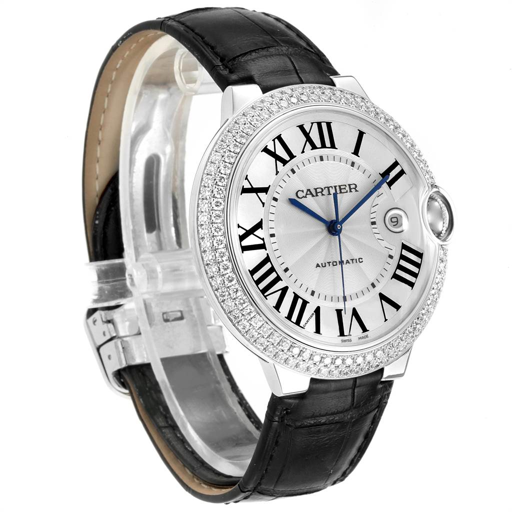The image shows a Cartier Ballon Bleu WJBB0032 Women
s White Gold Silver Dial WJBB0032 Women
s White Gold Silver Dial watch at a slight angle, highlighting its dial, bezel, leather strap, and crown.