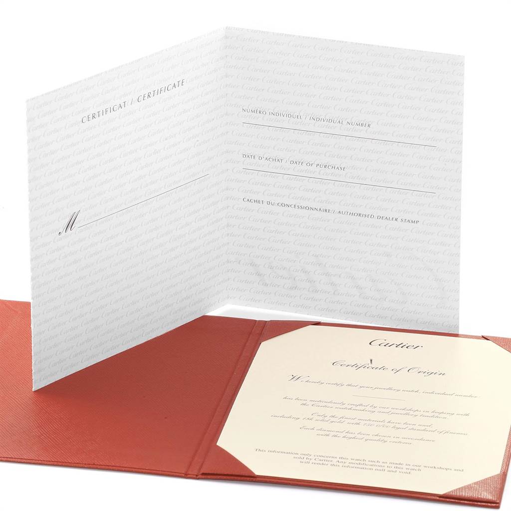 The image shows the certificate of origin and Best Quality
ity for the Ballon Bleu model by Cartier.