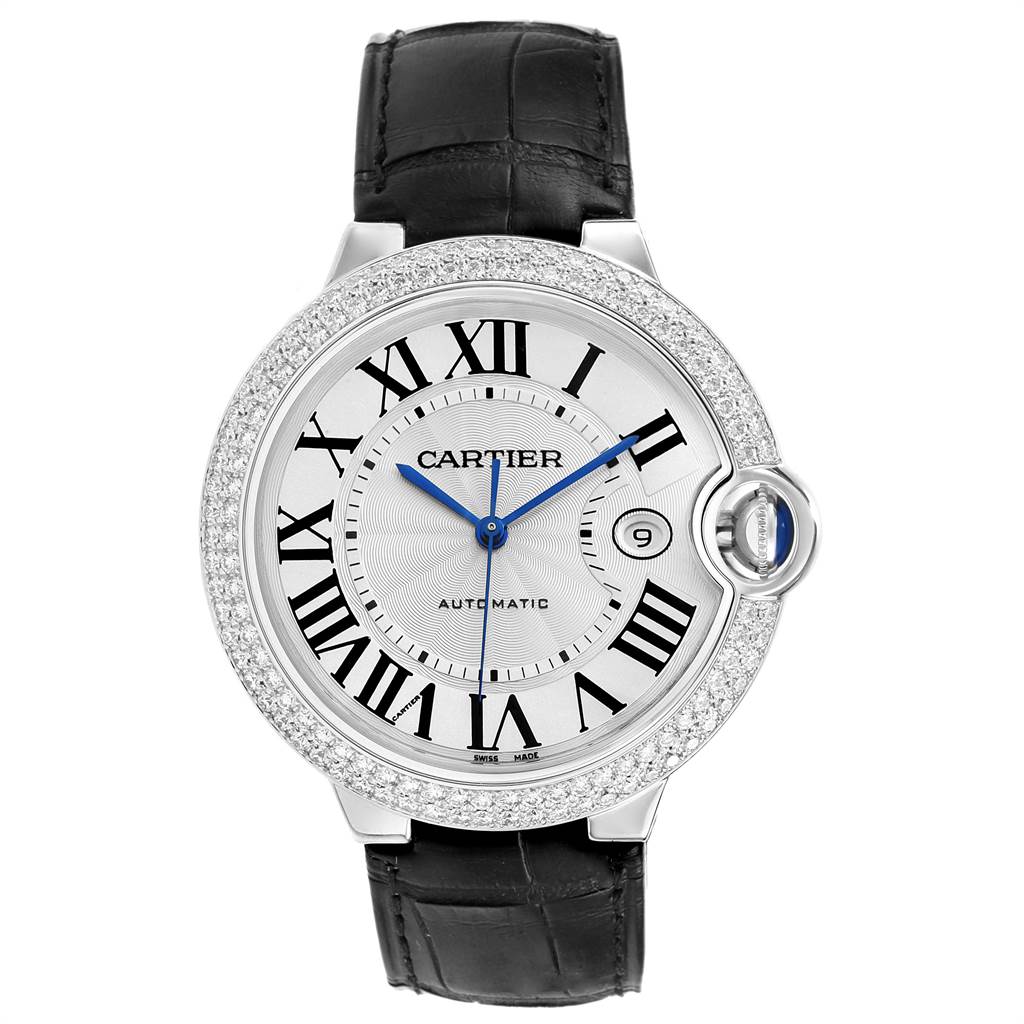 The image shows a frontal view of a Cartier Ballon Bleu WJBB0032 Women
s White Gold Silver Dial WJBB0032 Women
s White Gold Silver Dial watch, displaying the face, bezel, and leather strap.
