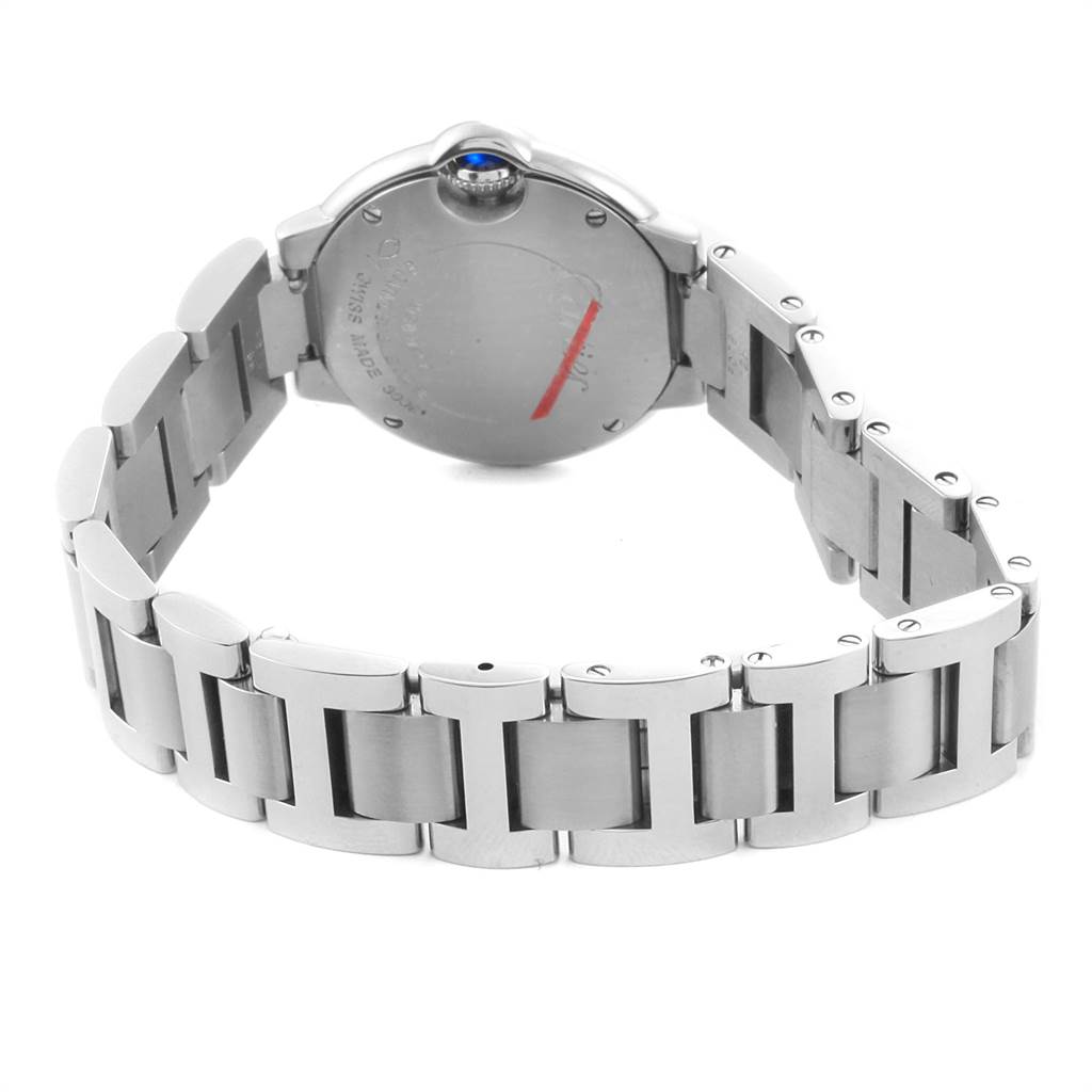 The image shows the back case and bracelet of the Cartier Ballon Bleu W69010Z4 Women's Stainless Steel Silver Dial W69010Z4 Women's Stainless Steel Silver Dial watch at a rear angle.