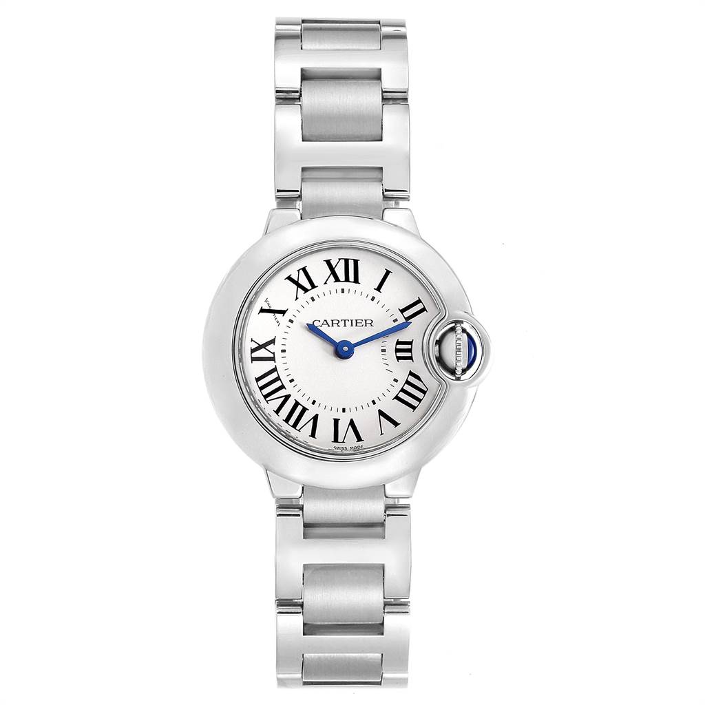 This image shows a top-view angle of a Cartier Ballon Bleu W69010Z4 Women's Stainless Steel Silver Dial W69010Z4 Women's Stainless Steel Silver Dial watch, displaying its face, Roman numerals, blue hands, and steel bracelet.
