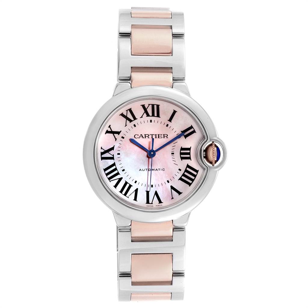 The image shows a front view of the Cartier Ballon Bleu W2BB0011 Women's Steel and Gold (two tone) Mother of Pearl Dial W2BB0011 Women's Steel and Gold (two tone) Mother of Pearl Dial watch, displaying its face, bezel, and metal bracelet.
