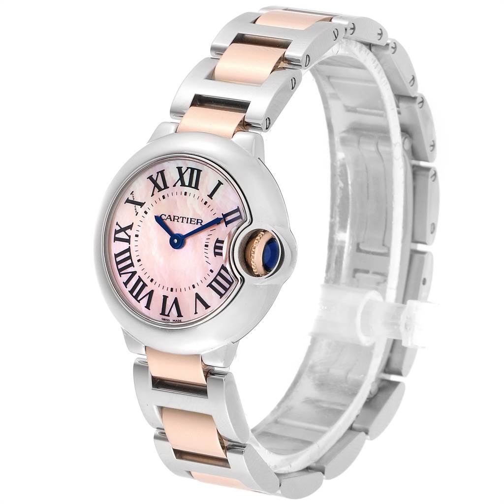 This image shows a Cartier Ballon Bleu W6920034 Women's Steel and Gold (two tone) Mother of Pearl Dial W6920034 Women's Steel and Gold (two tone) Mother of Pearl Dial watch from a front angle, highlighting its face and band.