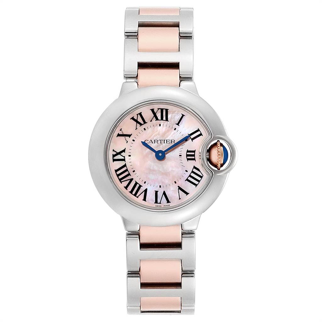 The image shows a front view of the Cartier Ballon Bleu W6920034 Women's Steel and Gold (two tone) Mother of Pearl Dial W6920034 Women's Steel and Gold (two tone) Mother of Pearl Dial watch, featuring a round dial, Roman numerals, and a two-tone metal bracelet.