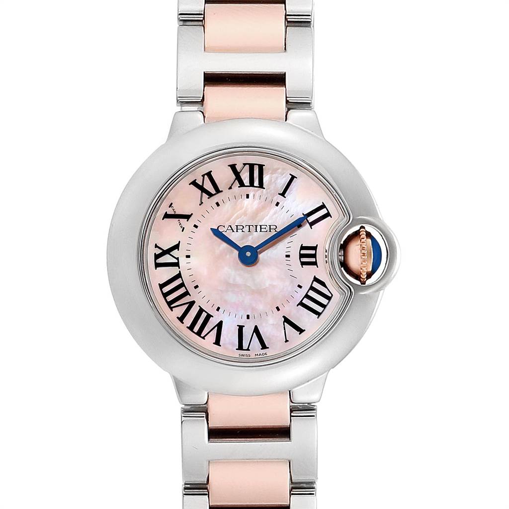 This image shows the front view of a Cartier Ballon Bleu W6920034 Women's Steel and Gold (two tone) Mother of Pearl Dial W6920034 Women's Steel and Gold (two tone) Mother of Pearl Dial watch featuring a mother-of-pearl dial with Roman numerals and a two-tone bracelet.