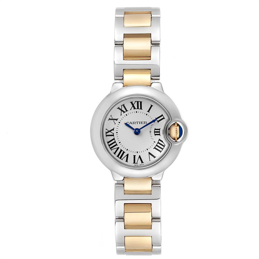The image shows a front view of a Cartier Ballon Bleu W69007Z3 Women
s Stainless Steel Silver Dial W69007Z3 Women
s Stainless Steel Silver Dial watch, displaying its dial, bracelet, and crown.