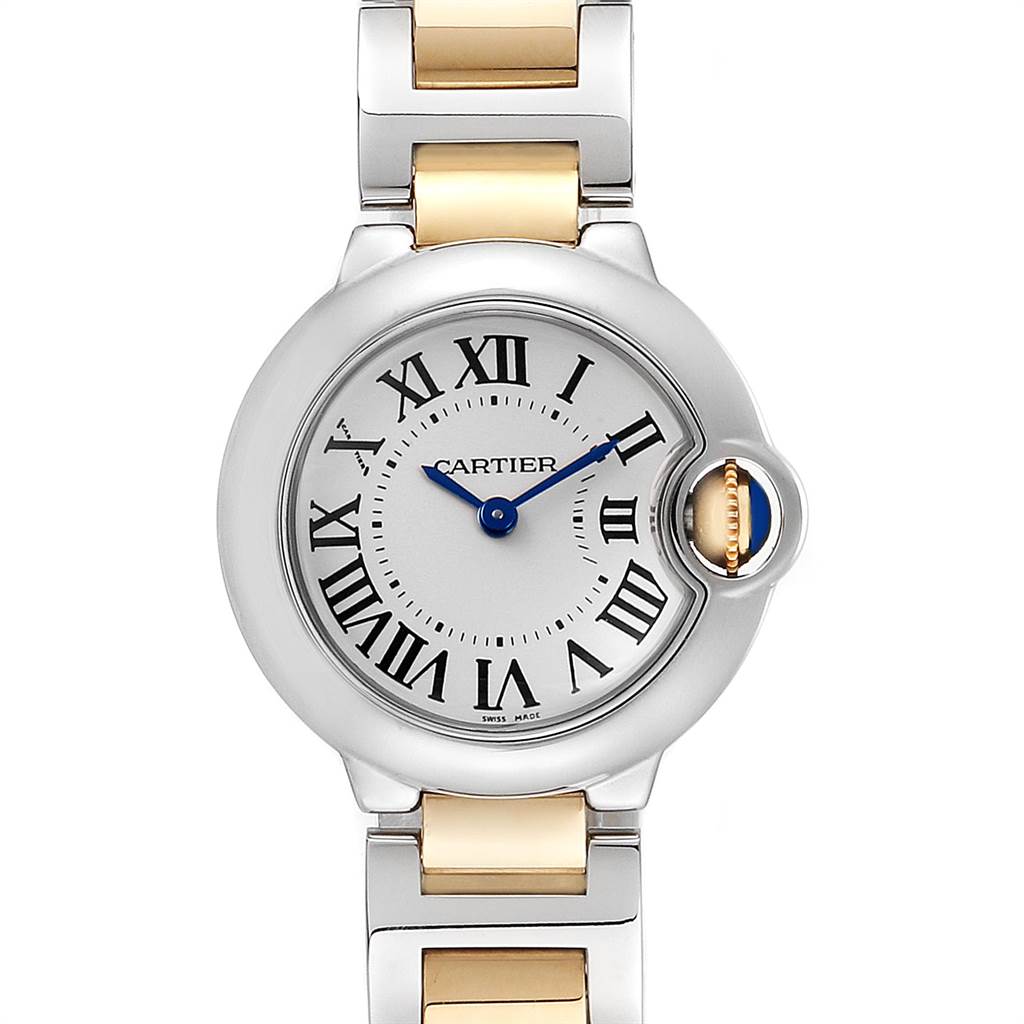 This image shows a Cartier Ballon Bleu W69007Z3 Women
s Stainless Steel Silver Dial W69007Z3 Women
s Stainless Steel Silver Dial watch from a frontal view, highlighting the face, dial, and part of the bracelet.