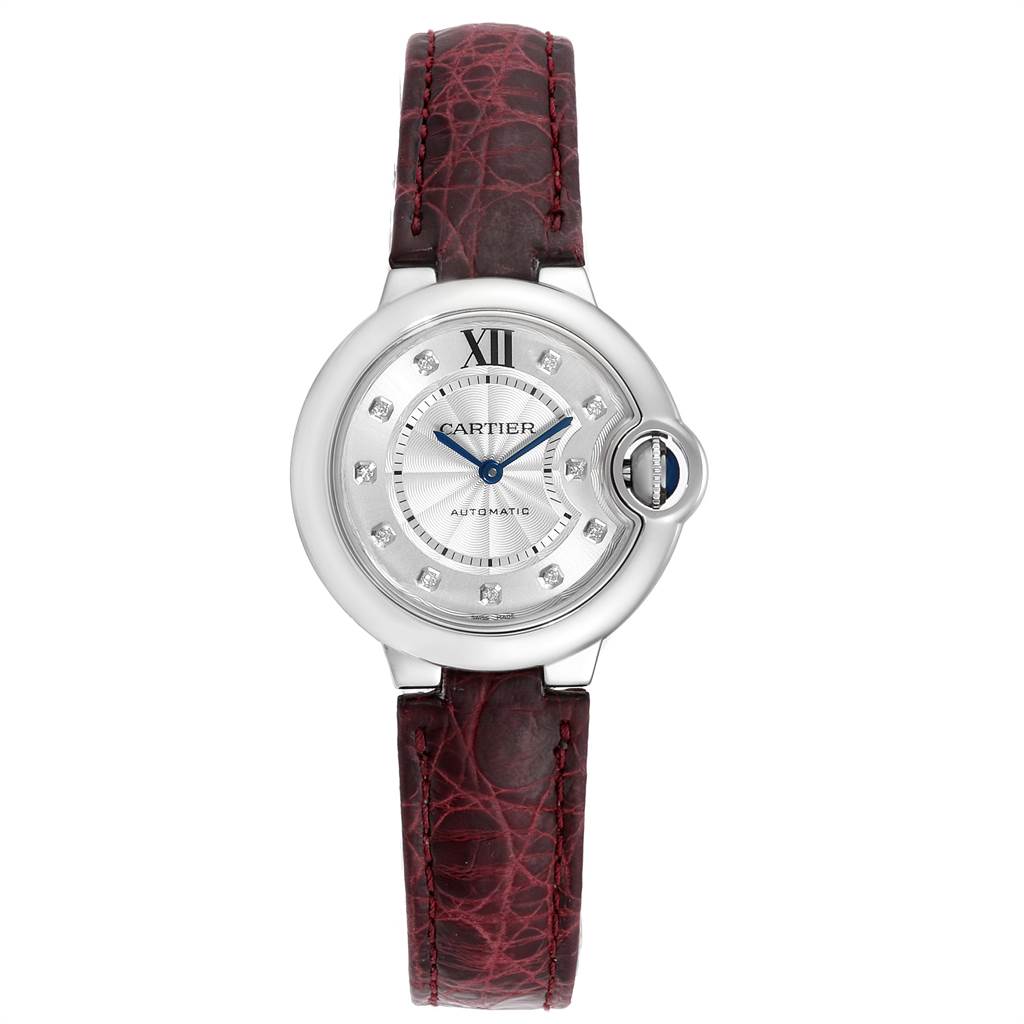 The image shows a front view of the Cartier Ballon Bleu W4BB0009 Women's Stainless Steel Silver Dial W4BB0009 Women's Stainless Steel Silver Dial watch with a silver dial and brown leather strap.