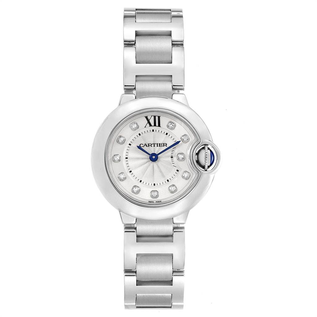 The image shows a top-down view of the Cartier Ballon Bleu WE902073 Women's Stainless Steel Silver Dial WE902073 Women's Stainless Steel Silver Dial watch, featuring the dial, bracelet, and crown.