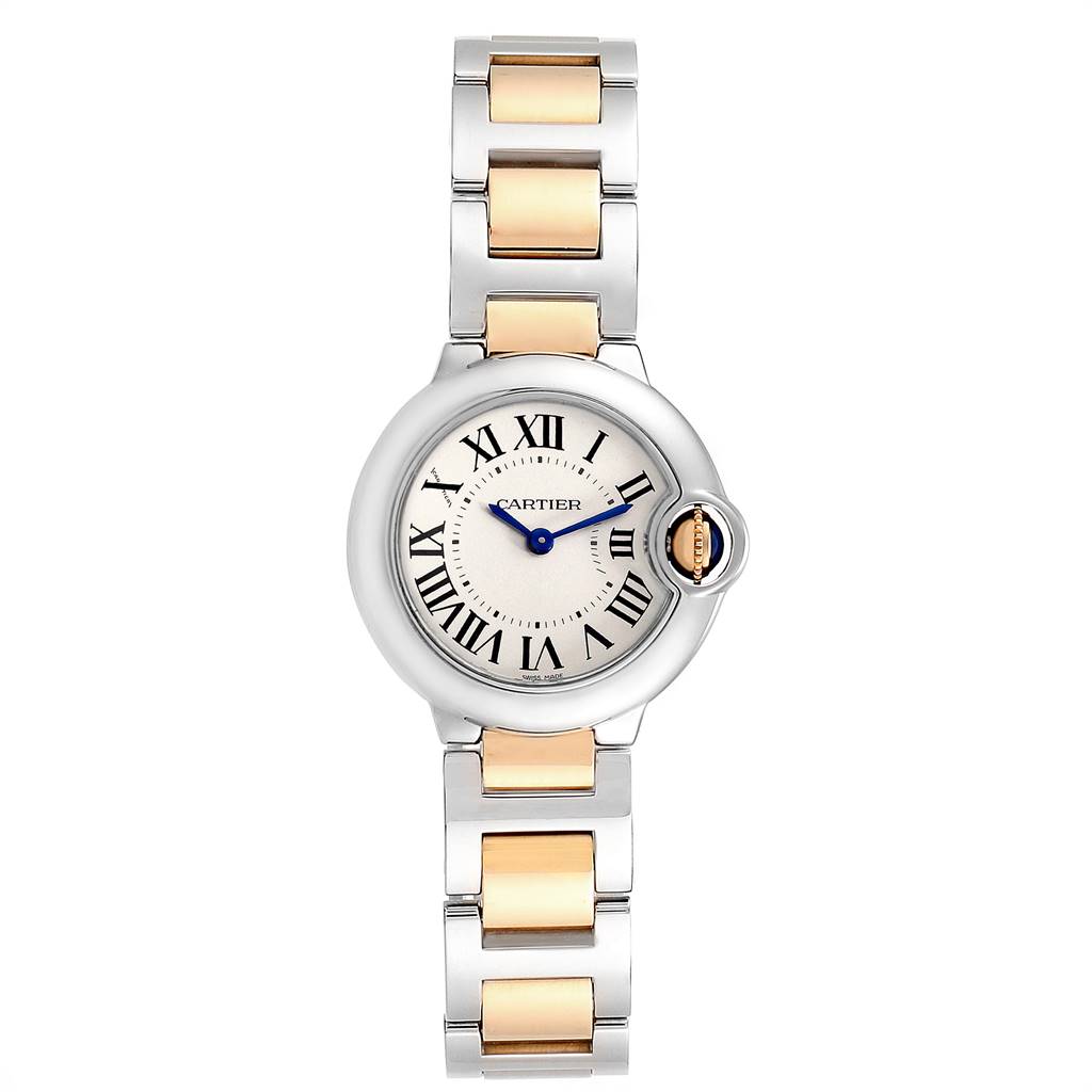The image shows a front view of a Cartier Ballon Bleu W69007Z3 Women's Stainless Steel Silver Dial W69007Z3 Women's Stainless Steel Silver Dial watch, featuring its silver and gold-toned bracelet and round dial.