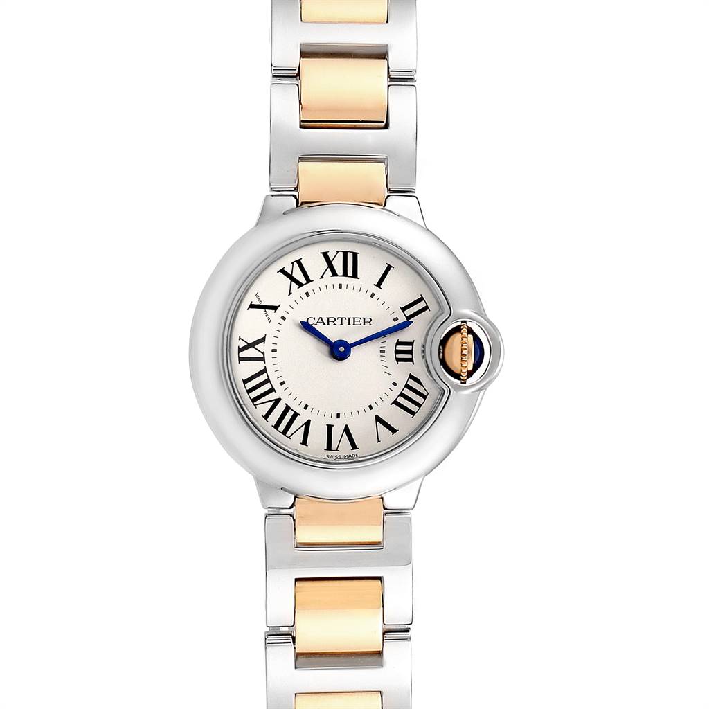 This image shows a frontal view of a Ballon Bleu watch by Cartier, displaying the face and part of the band.