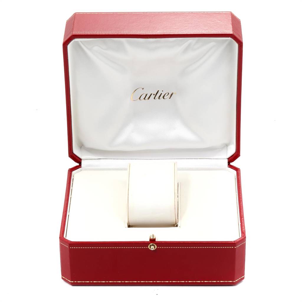 This image shows an open Cartier Ballon Bleu W69007Z3 Women's Stainless Steel Silver Dial W69007Z3 Women's Stainless Steel Silver Dial watch box without the watch.