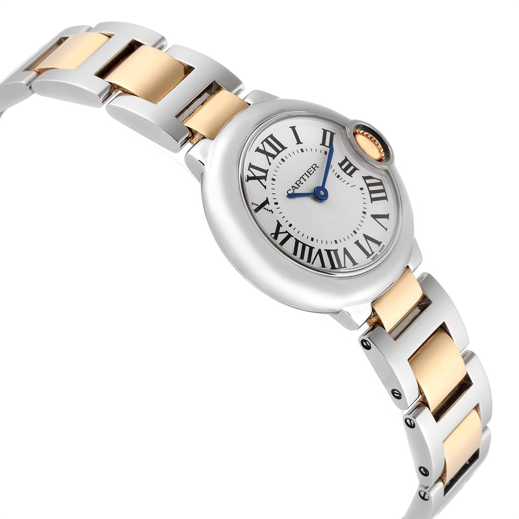 The image shows a side angle of a Cartier Ballon Bleu W69007Z3 Women's Stainless Steel Silver Dial W69007Z3 Women's Stainless Steel Silver Dial watch, highlighting its round face, Roman numeral markers, and two-tone bracelet.