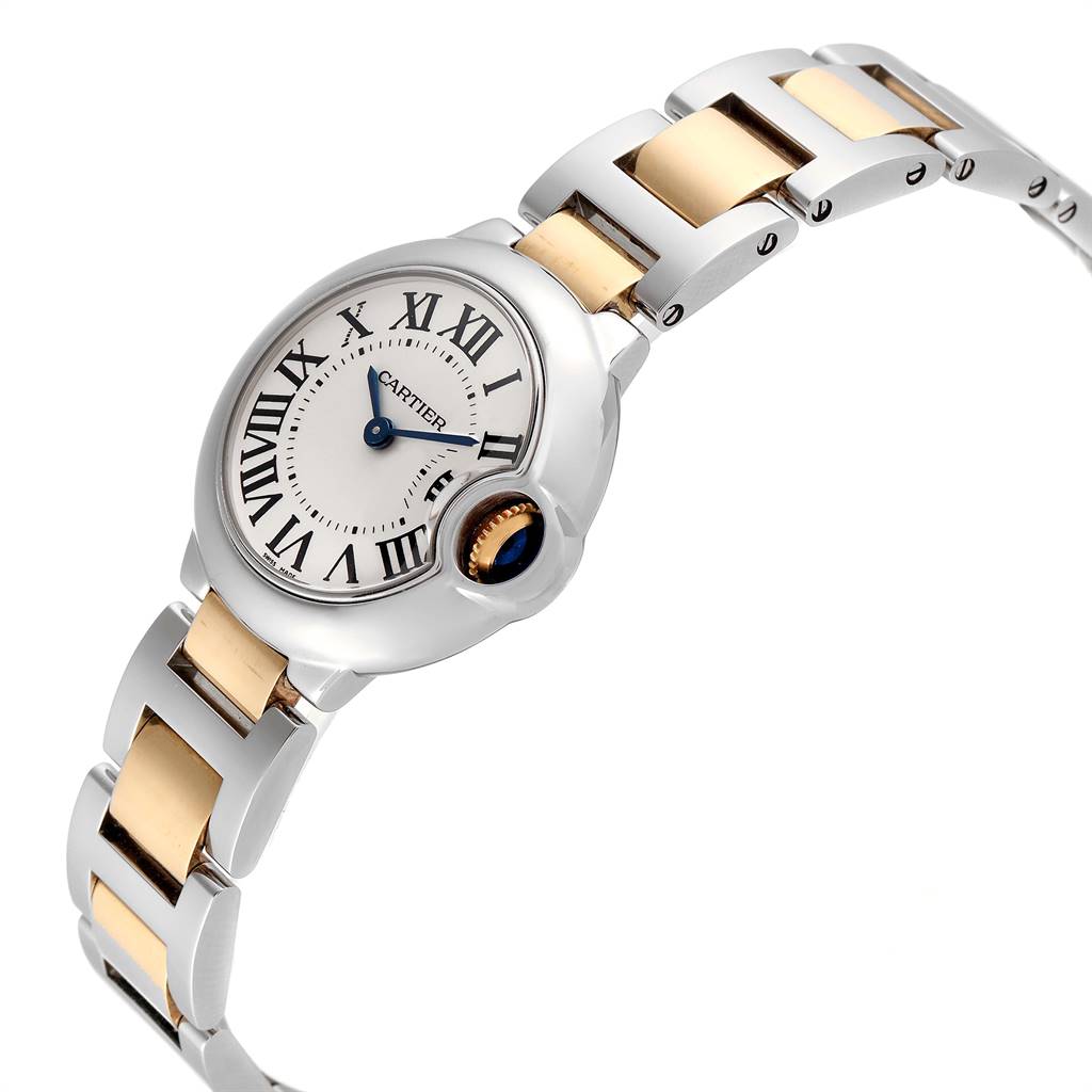 The Cartier Ballon Bleu W69007Z3 Women's Stainless Steel Silver Dial W69007Z3 Women's Stainless Steel Silver Dial model is shown from an angled top view, highlighting the watch face, crown, and part of the two-tone metal bracelet.