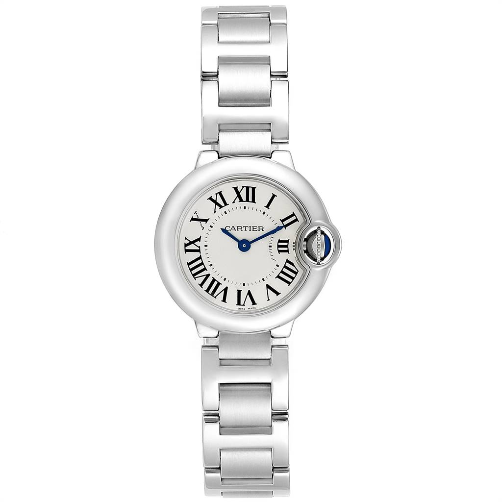 The image shows a front view of a Cartier Ballon Bleu W69010Z4 Women's Stainless Steel Silver Dial W69010Z4 Women's Stainless Steel Silver Dial watch, displaying its round face, Roman numerals, and bracelet.