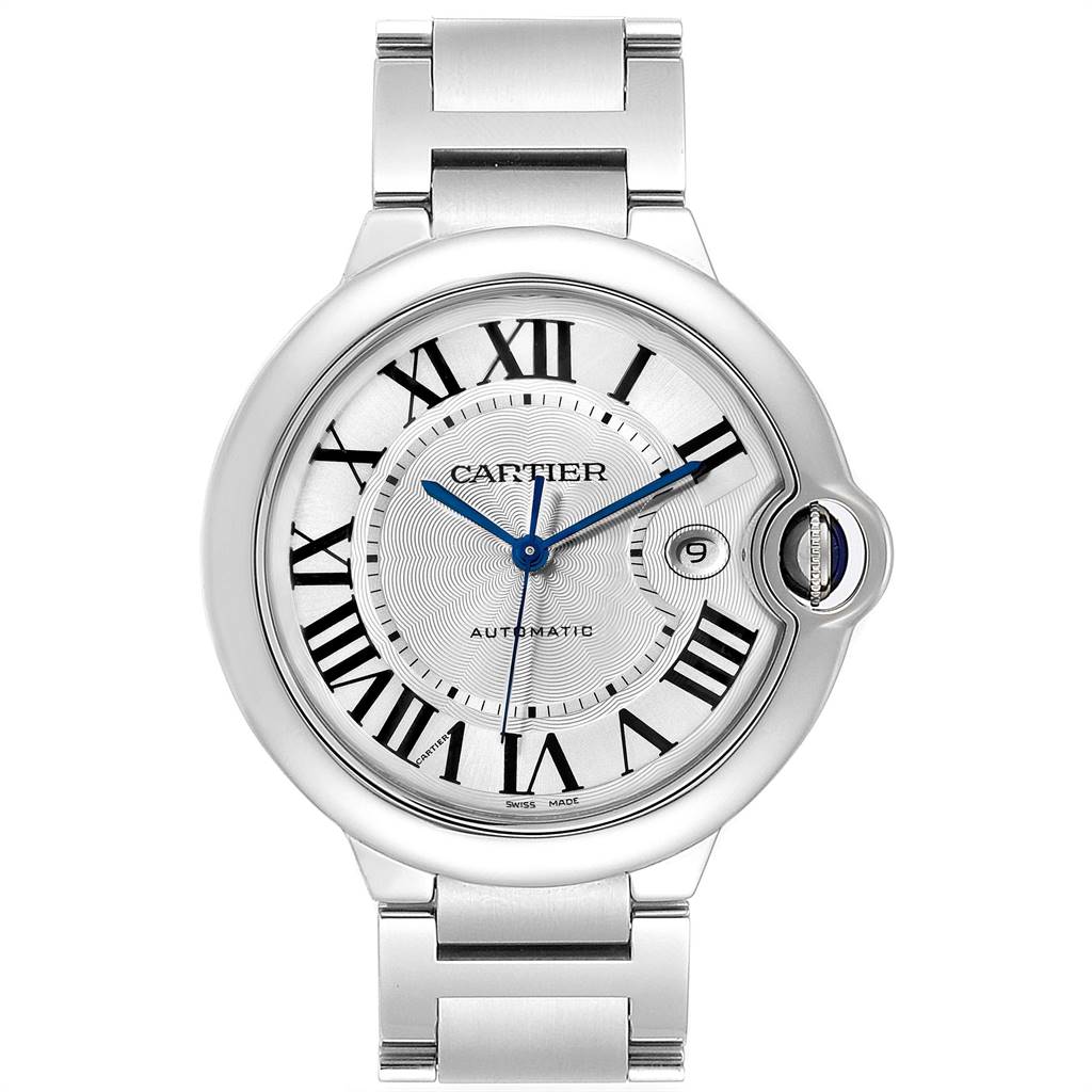 The image shows a front view of a Cartier Ballon Bleu W69012Z4 Stainless Steel Silver Dial W69012Z4 Stainless Steel Silver Dial watch displaying its face, hands, and part of its metal bracelet.