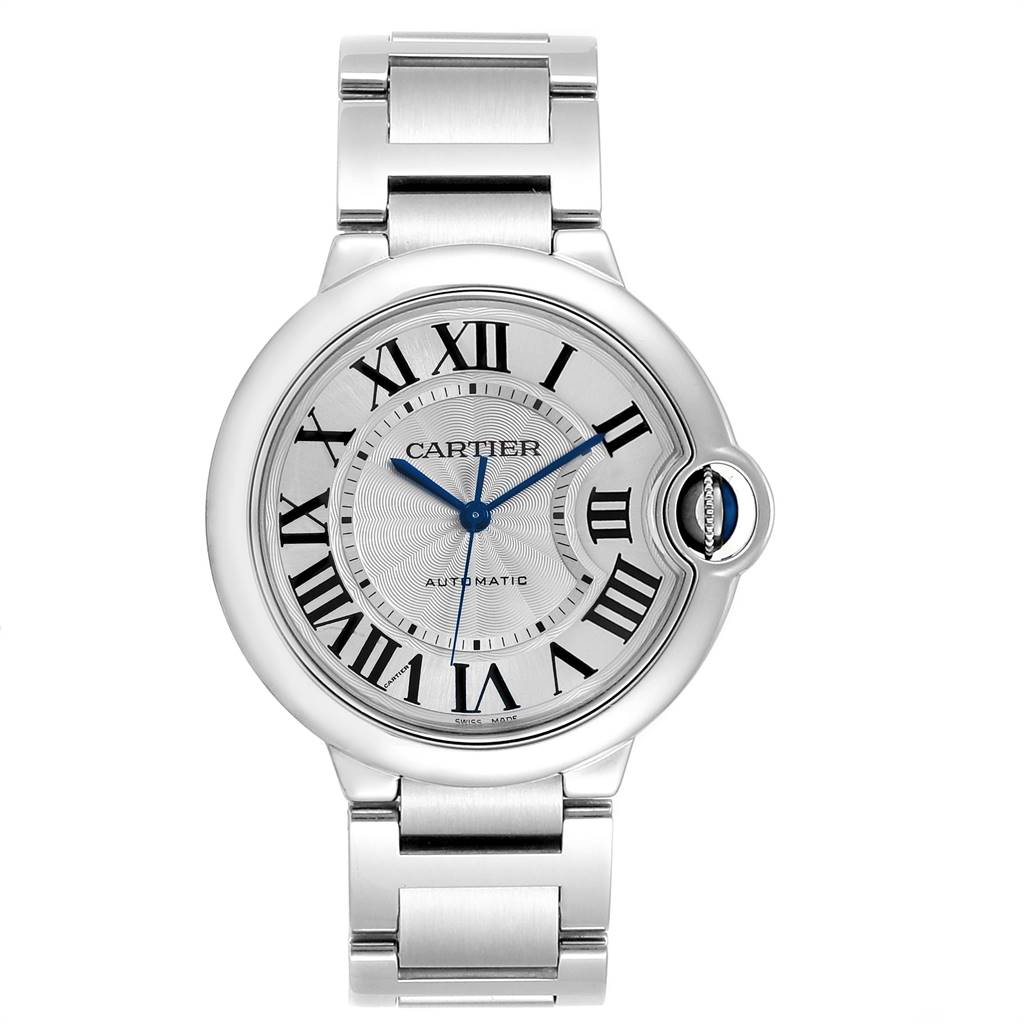The image shows a frontal view of a Cartier Ballon Bleu W6920046 Women's Stainless Steel Silver Dial W6920046 Women's Stainless Steel Silver Dial watch, highlighting its face, bezel, and metal bracelet.