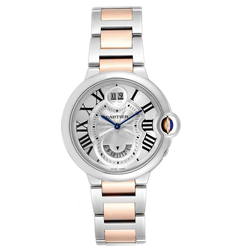 The image shows a front view of the Cartier Ballon Bleu W6920027 Women's Steel and Gold (two tone) Silver Dial W6920027 Women's Steel and Gold (two tone) Silver Dial watch, highlighting its dial and bracelet.