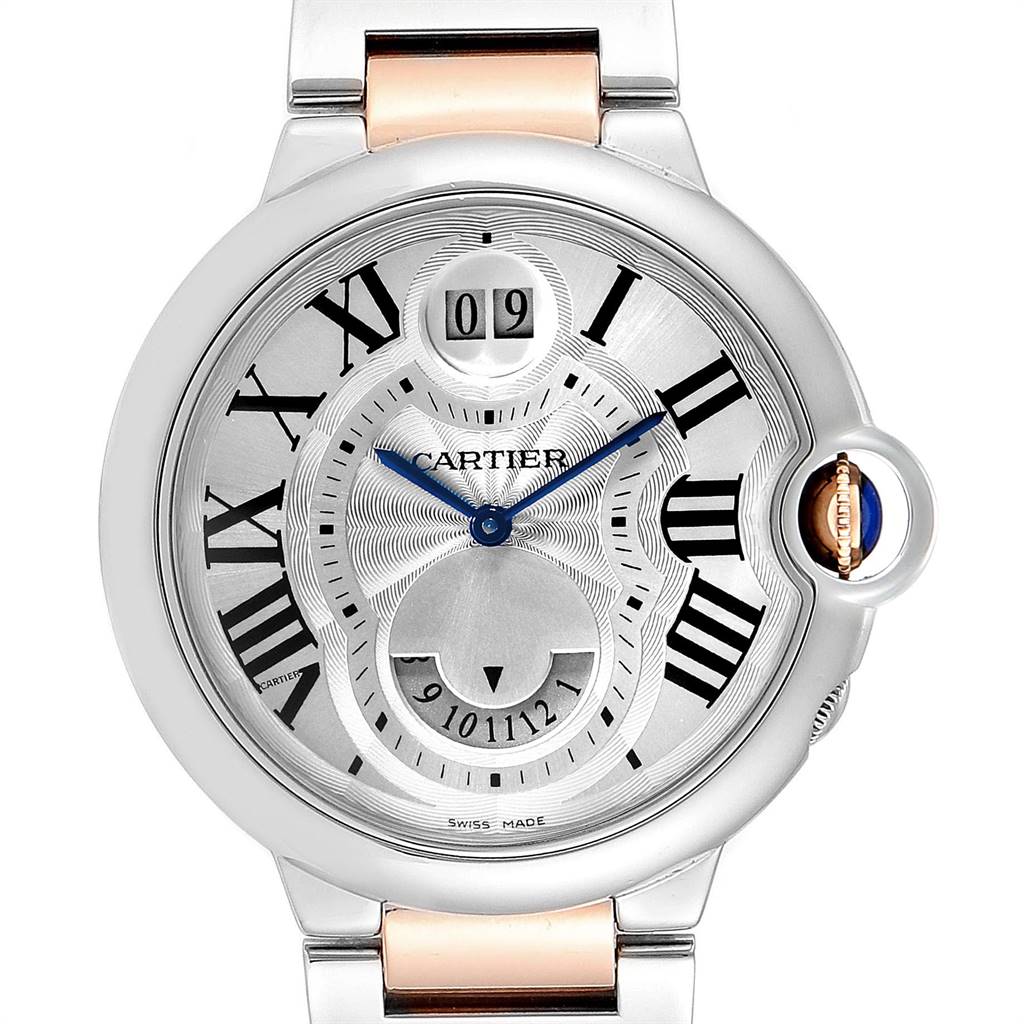 The image shows a front view of a Cartier Ballon Bleu W6920027 Women's Steel and Gold (two tone) Silver Dial W6920027 Women's Steel and Gold (two tone) Silver Dial watch, highlighting the dial, roman numerals, and cut-out date display.