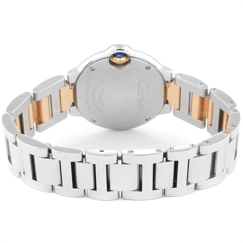 The image shows the back of a Cartier Ballon Bleu W69007Z3 Women
s Stainless Steel Silver Dial W69007Z3 Women
s Stainless Steel Silver Dial watch, focusing on the bracelet and case back details.