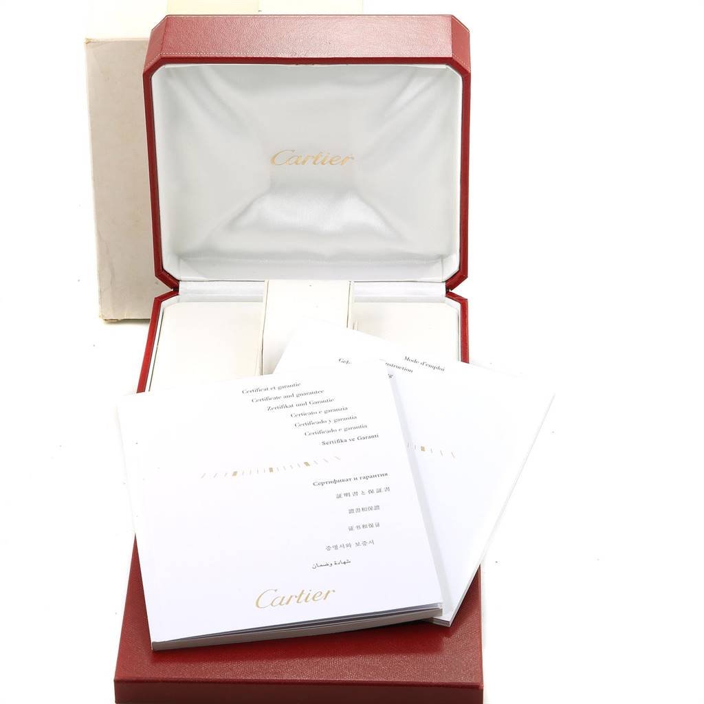 The image shows the box and documentation for the Cartier Ballon Bleu W69007Z3 Women
s Stainless Steel Silver Dial W69007Z3 Women
s Stainless Steel Silver Dial watch.