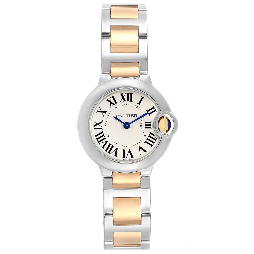 The image shows a front view of a Cartier Ballon Bleu W69007Z3 Women
s Stainless Steel Silver Dial W69007Z3 Women
s Stainless Steel Silver Dial watch, featuring a round dial with Roman numerals and a two-tone metal band.