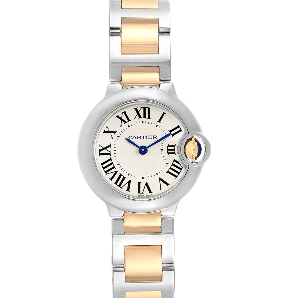 The image shows a front view of the Cartier Ballon Bleu W69007Z3 Women
s Stainless Steel Silver Dial W69007Z3 Women
s Stainless Steel Silver Dial watch, highlighting its dial, Roman numerals, and metal bracelet.