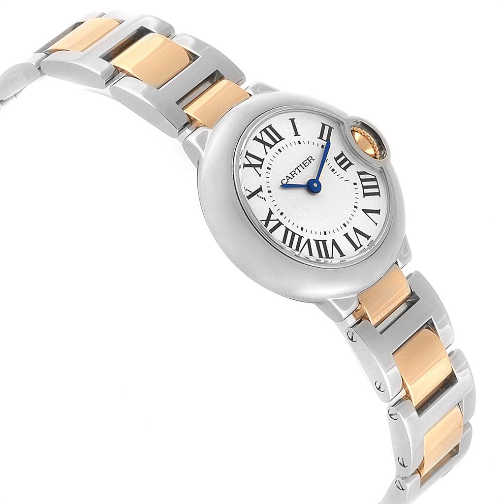 The image shows a top-side view of a Cartier Ballon Bleu W69007Z3 Women
s Stainless Steel Silver Dial W69007Z3 Women
s Stainless Steel Silver Dial watch with its face, bracelet, and crown visible.