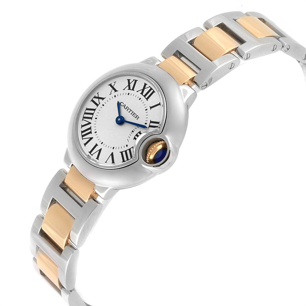 The image shows a close-up angle of the Cartier Ballon Bleu W69007Z3 Women
s Stainless Steel Silver Dial W69007Z3 Women
s Stainless Steel Silver Dial watch, highlighting the dial, Roman numerals, and two-tone bracelet.