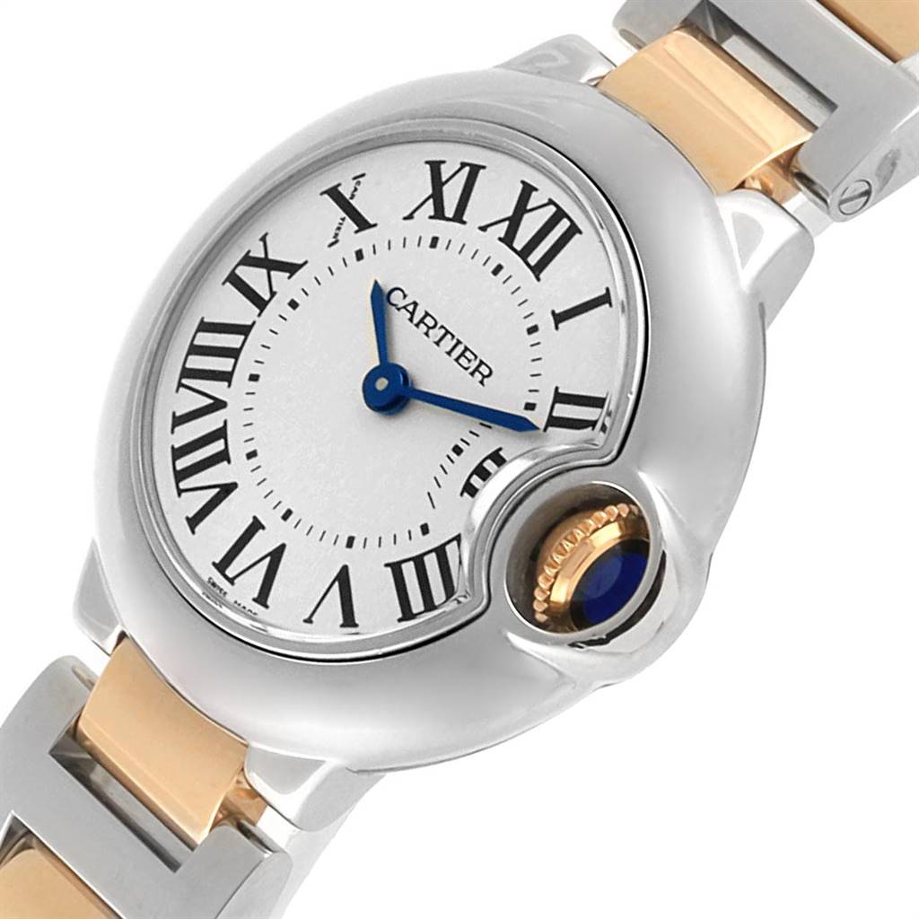 The image shows the Cartier Ballon Bleu W69007Z3 Women
s Stainless Steel Silver Dial W69007Z3 Women
s Stainless Steel Silver Dial watch at a slight angle, highlighting the dial, Roman numerals, blue hands, and crown with a blue cabochon.