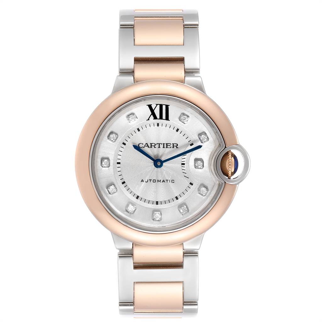 The image shows a front view of a Cartier Ballon Bleu W3BB0018 Women's Steel and Gold (two tone) Silver Dial W3BB0018 Women's Steel and Gold (two tone) Silver Dial watch, highlighting its two-tone band, round case, and bezel.
