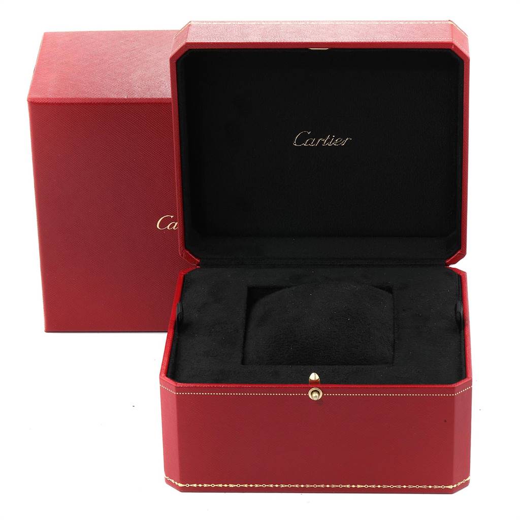 This image shows an open red and black watch box for the Ballon Bleu model by Cartier.