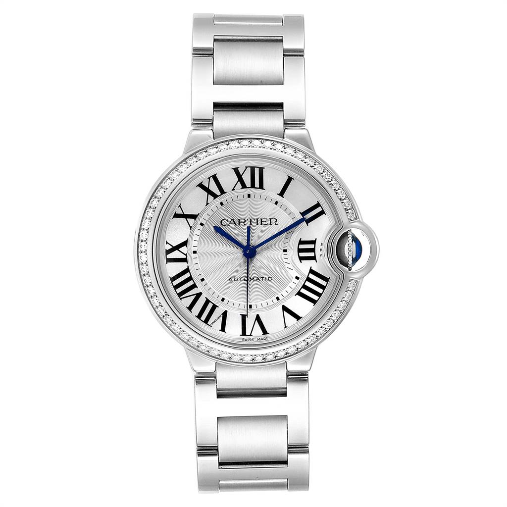 The image shows a front view of the Cartier Ballon Bleu W4BB0017 Women's Stainless Steel Silver Dial W4BB0017 Women's Stainless Steel Silver Dial watch with its face, bezel, and bracelet clearly visible.