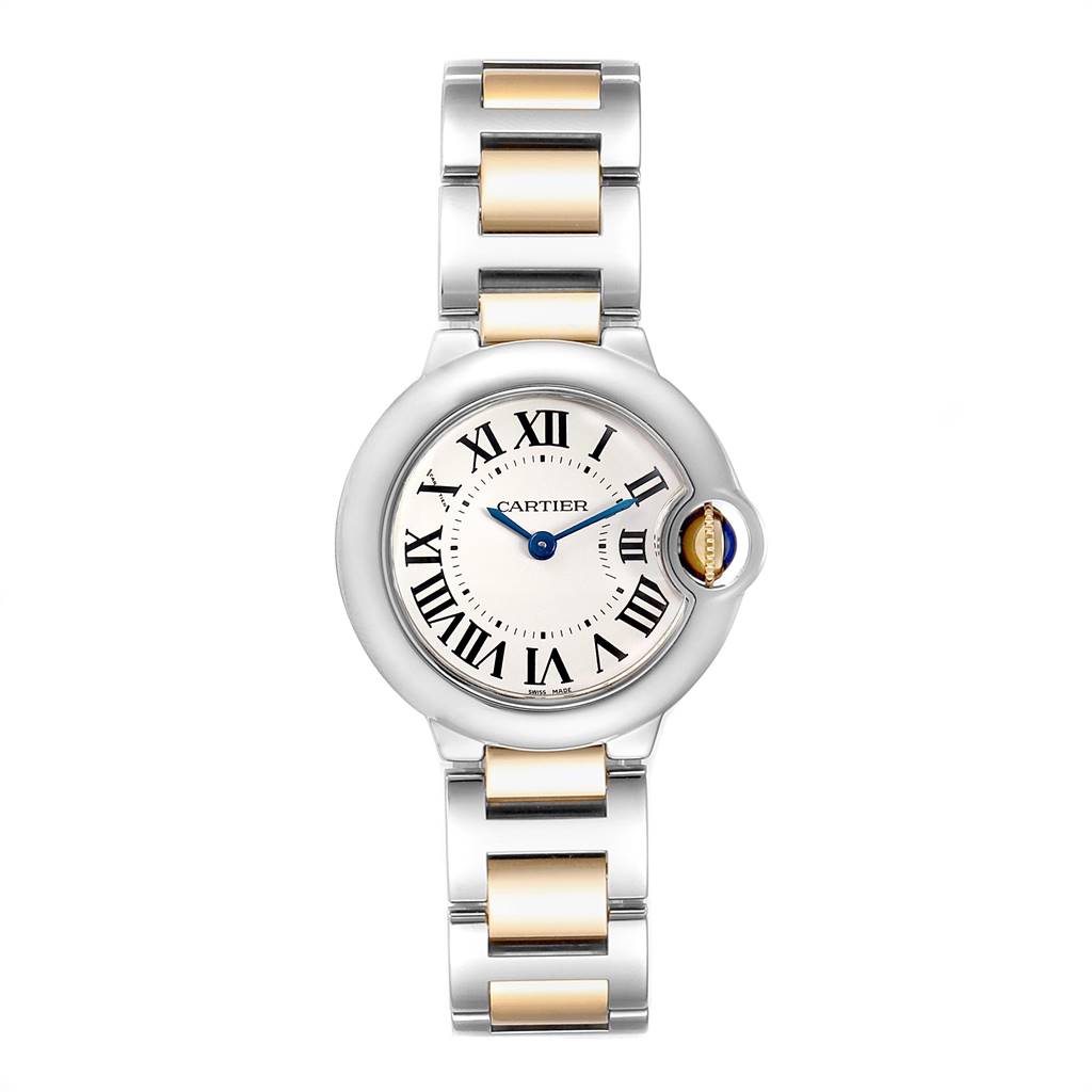 The image shows a front view of the Ballon Bleu by Cartier, highlighting its dial, Roman numerals, and two-tone bracelet.