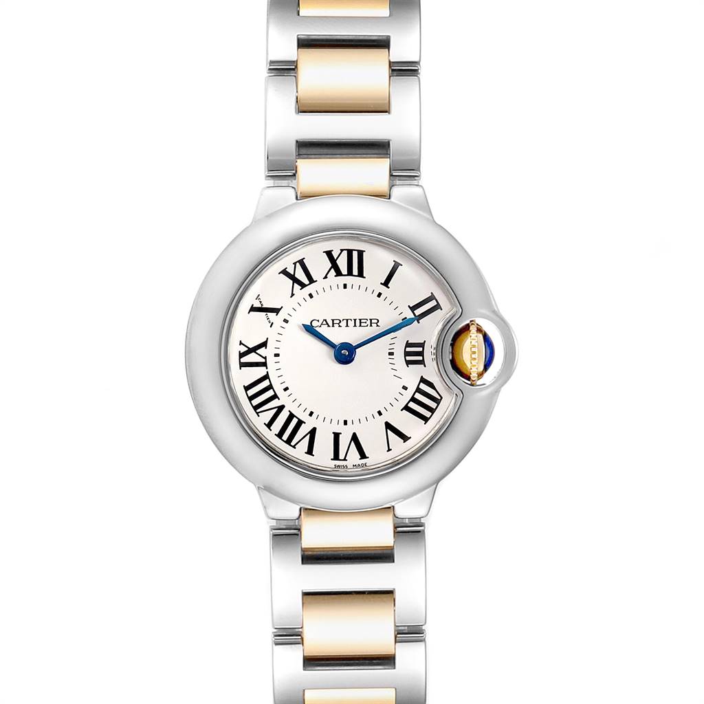 The image shows a full frontal view of the Cartier Ballon Bleu W69007Z3 Women
s Stainless Steel Silver Dial W69007Z3 Women
s Stainless Steel Silver Dial watch, highlighting its dial, bezel, crown, and bracelet.