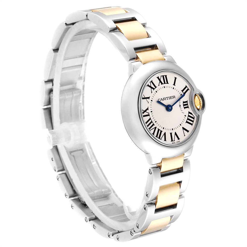 The image shows a Cartier Ballon Bleu W69007Z3 Women
s Stainless Steel Silver Dial W69007Z3 Women
s Stainless Steel Silver Dial watch at an angled view, highlighting the face, crown, and two-tone bracelet.