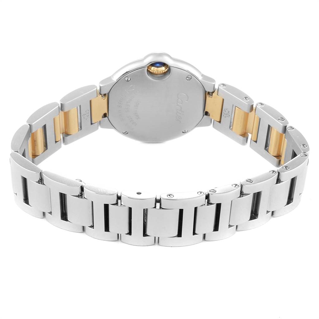 The image shows the back view of the Cartier Ballon Bleu W69007Z3 Women
s Stainless Steel Silver Dial W69007Z3 Women
s Stainless Steel Silver Dial watch, highlighting the bracelet and case back.