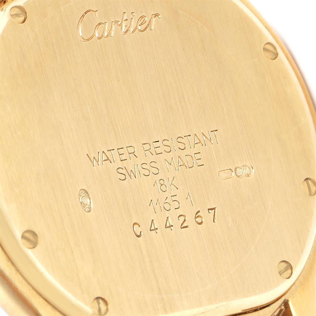 This image shows the back case of a Cartier Panthere 11651 Men's Yellow Gold Blue Dial 11651 Men's Yellow Gold Blue Dial watch, highlighting its brand and specifications.