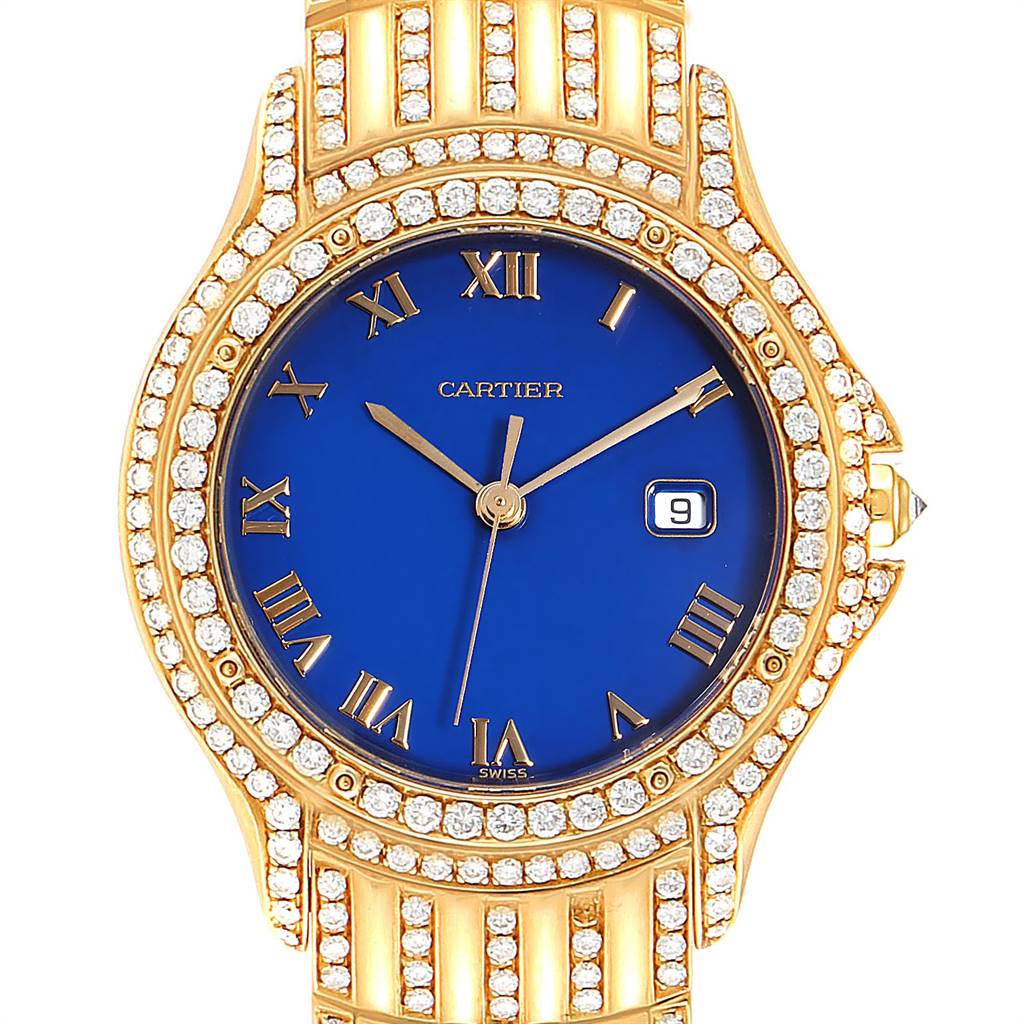 This image shows the face and part of the strap of the Cartier Panthere 11651 Men's Yellow Gold Blue Dial 11651 Men's Yellow Gold Blue Dial watch, featuring a blue dial, date window, and diamond accents.
