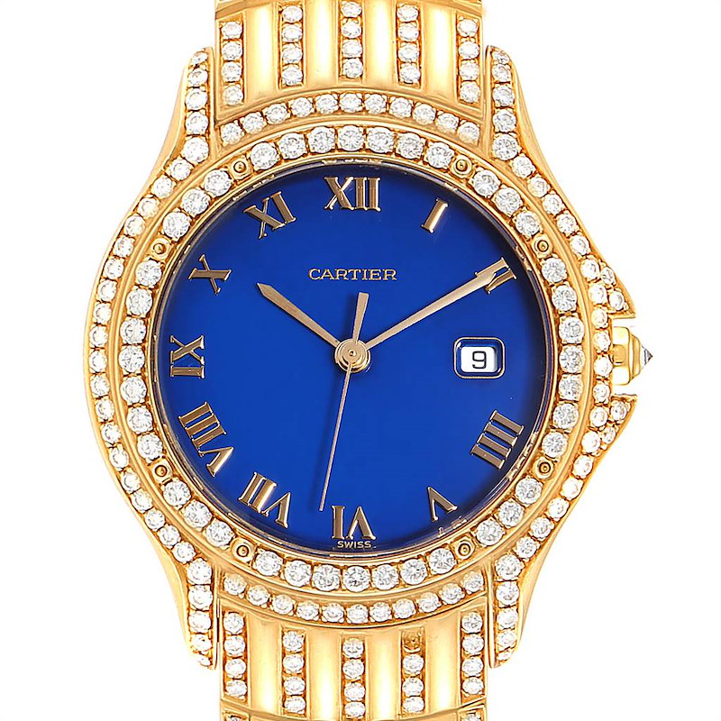 Cartier Cougar 18K Yellow Gold Blue Dial Diamond Unisex Watch 11651 SwissWatchExpo