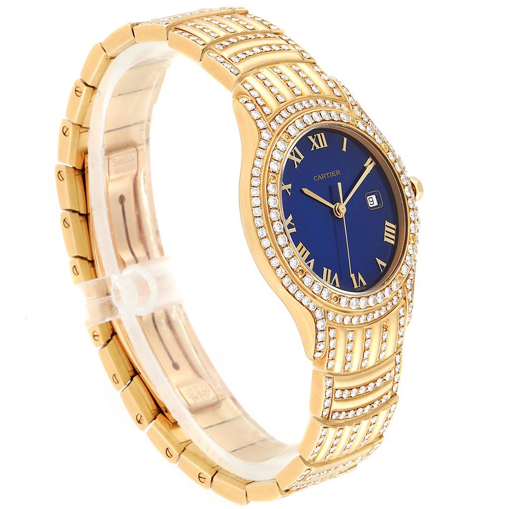 The image shows a Cartier Panthere 11651 Men's Yellow Gold Blue Dial 11651 Men's Yellow Gold Blue Dial model watch angled from the top right, highlighting its gold bracelet, blue dial, and diamond accents.