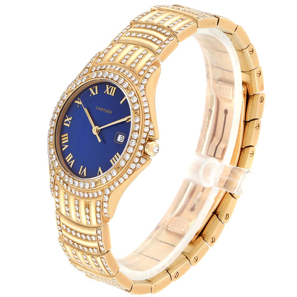 The image shows a Cartier Panthere 11651 Men's Yellow Gold Blue Dial 11651 Men's Yellow Gold Blue Dial model watch from a side angle, highlighting the band, bezel, and dial.