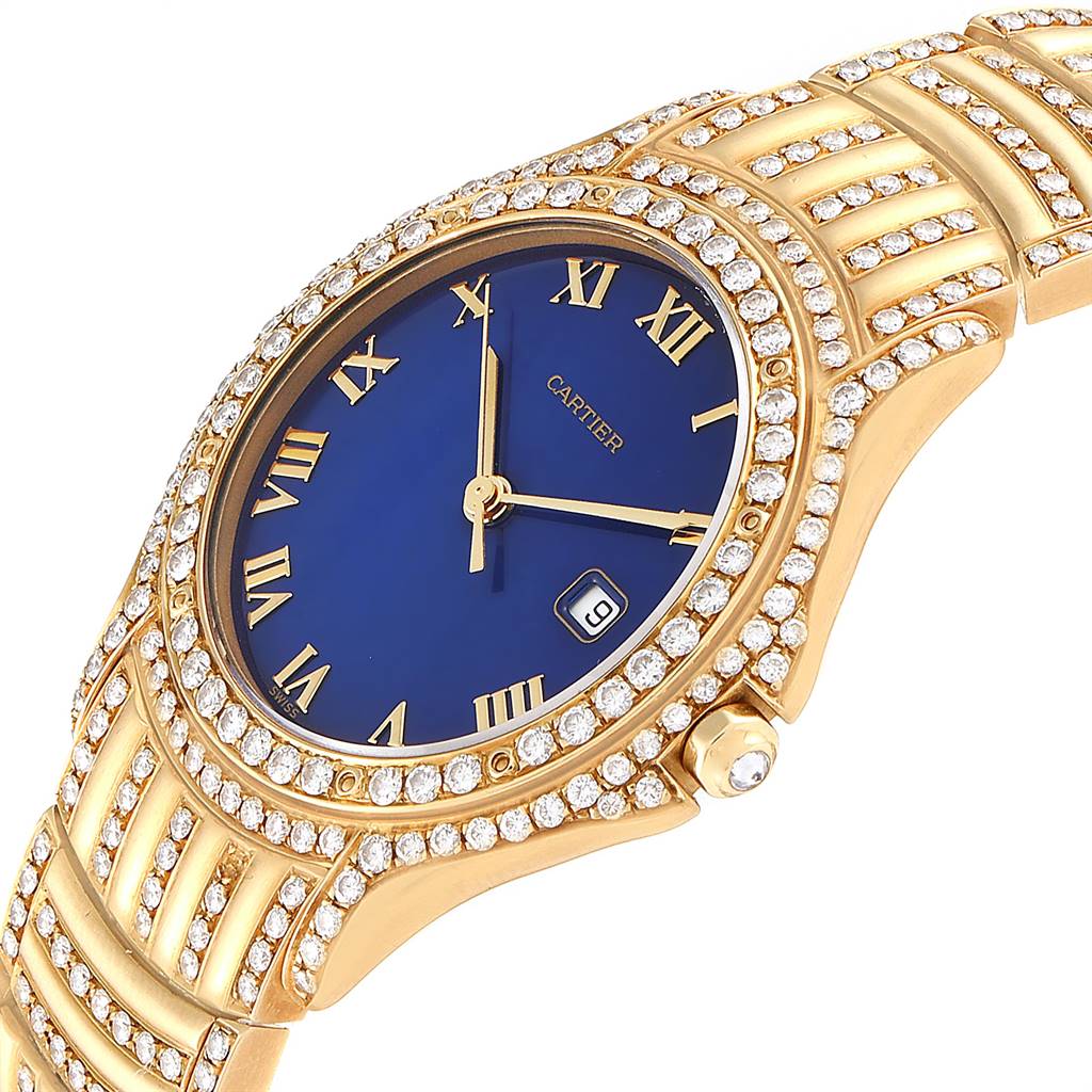 The image shows a Cartier Panthere 11651 Men's Yellow Gold Blue Dial 11651 Men's Yellow Gold Blue Dial watch at an oblique angle highlighting its diamond-studded bezel and blue dial.