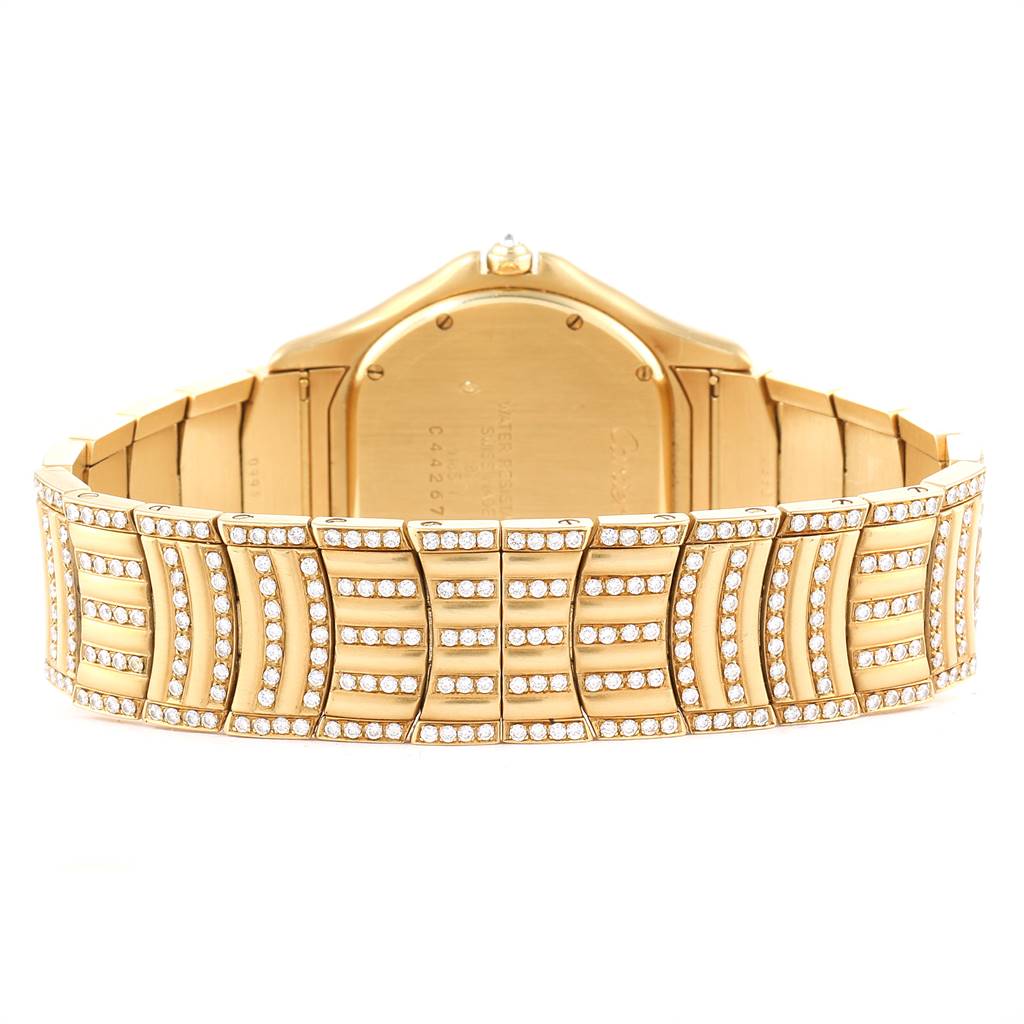 The image shows the gold bracelet and case back of a Cartier Panthere 11651 Men's Yellow Gold Blue Dial 11651 Men's Yellow Gold Blue Dial watch studded with diamonds from a direct back angle.