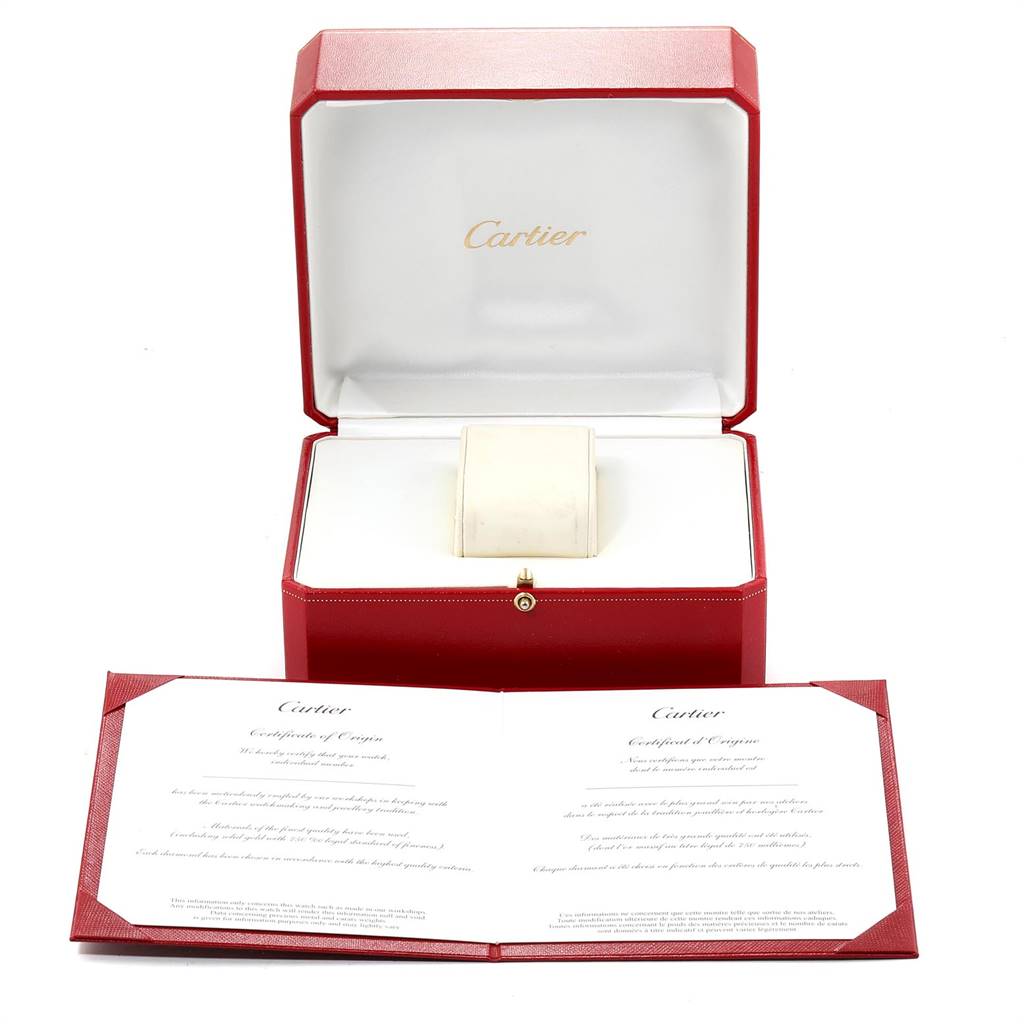 The image shows the packaging of a Cartier Panthere 11651 Men's Yellow Gold Blue Dial 11651 Men's Yellow Gold Blue Dial watch, including a red box and certification documents.