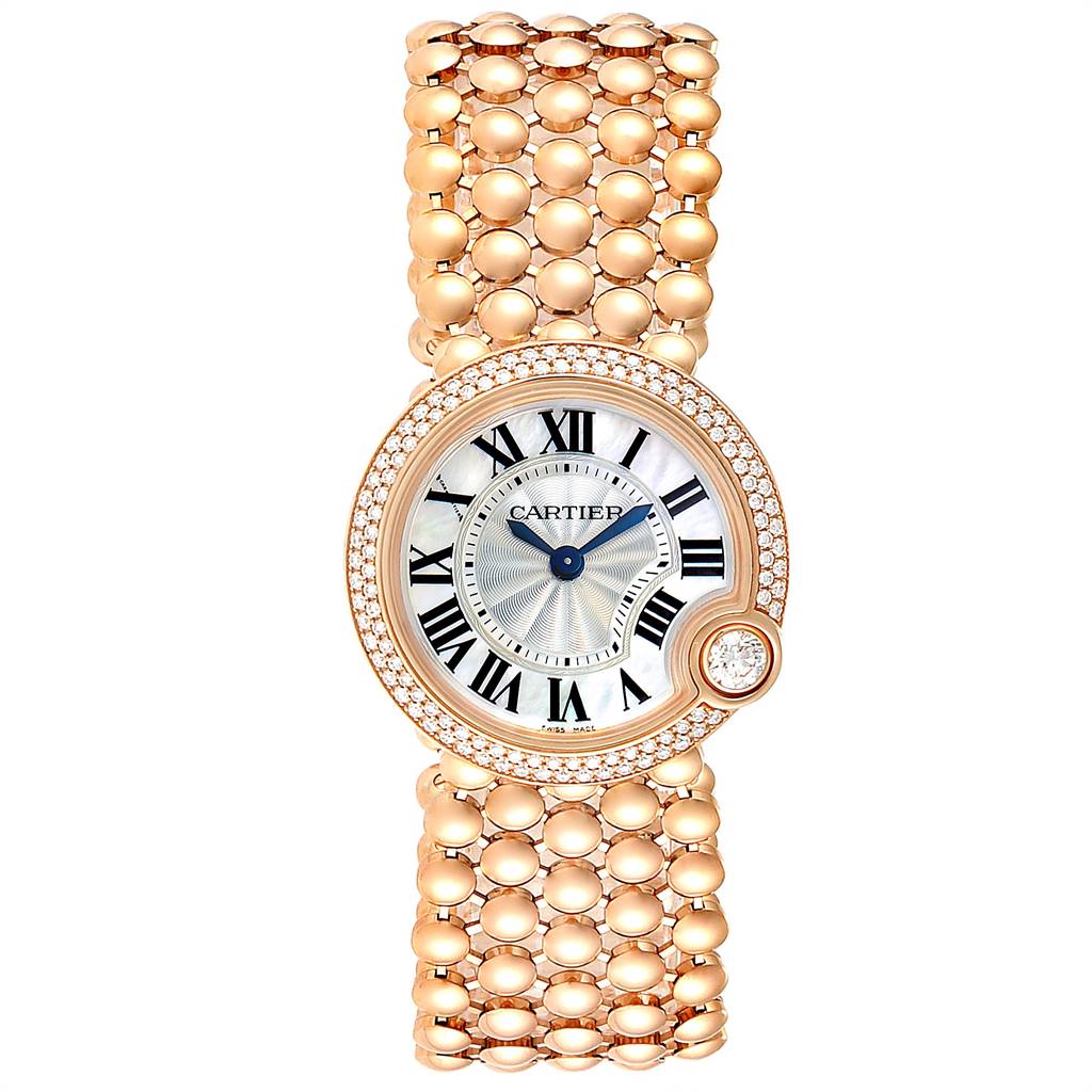The image shows a frontal view of the Ballon Bleu model watch by Cartier, highlighting its face and bracelet.